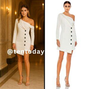 Mac Duggal 26734 Size 2 Drop Shoulder Faux Tuxedo Long Sleeve White Mini Dress